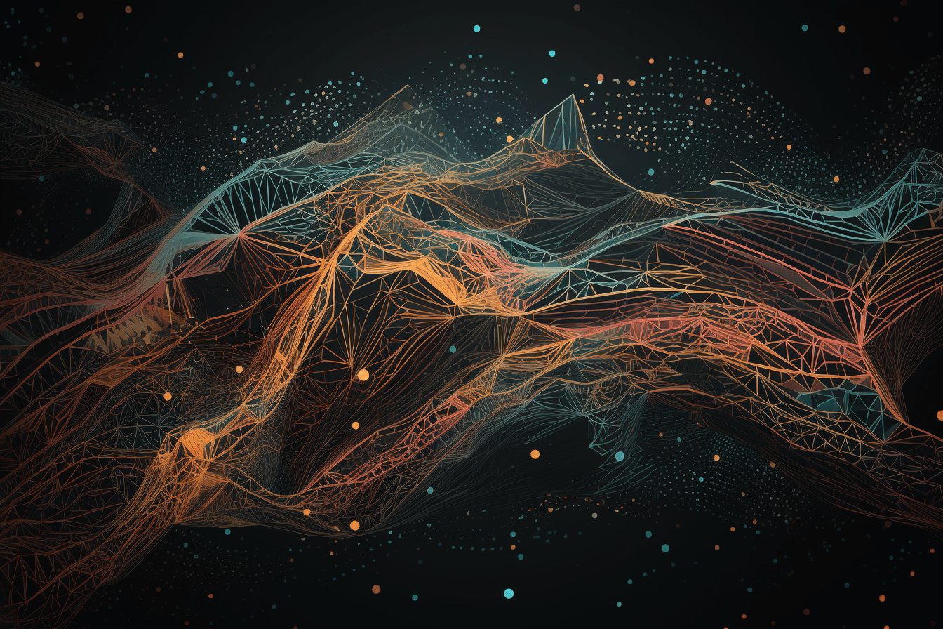 A wallpaper featuring an abstract illustration of an AI neural network, with intricate lines and a dark and technological color palette.