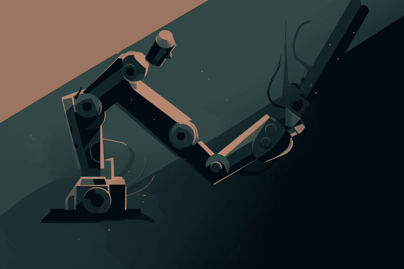 A wallpaper with a minimalist illustration of a robotic arm, against a background of dark and moody colors.