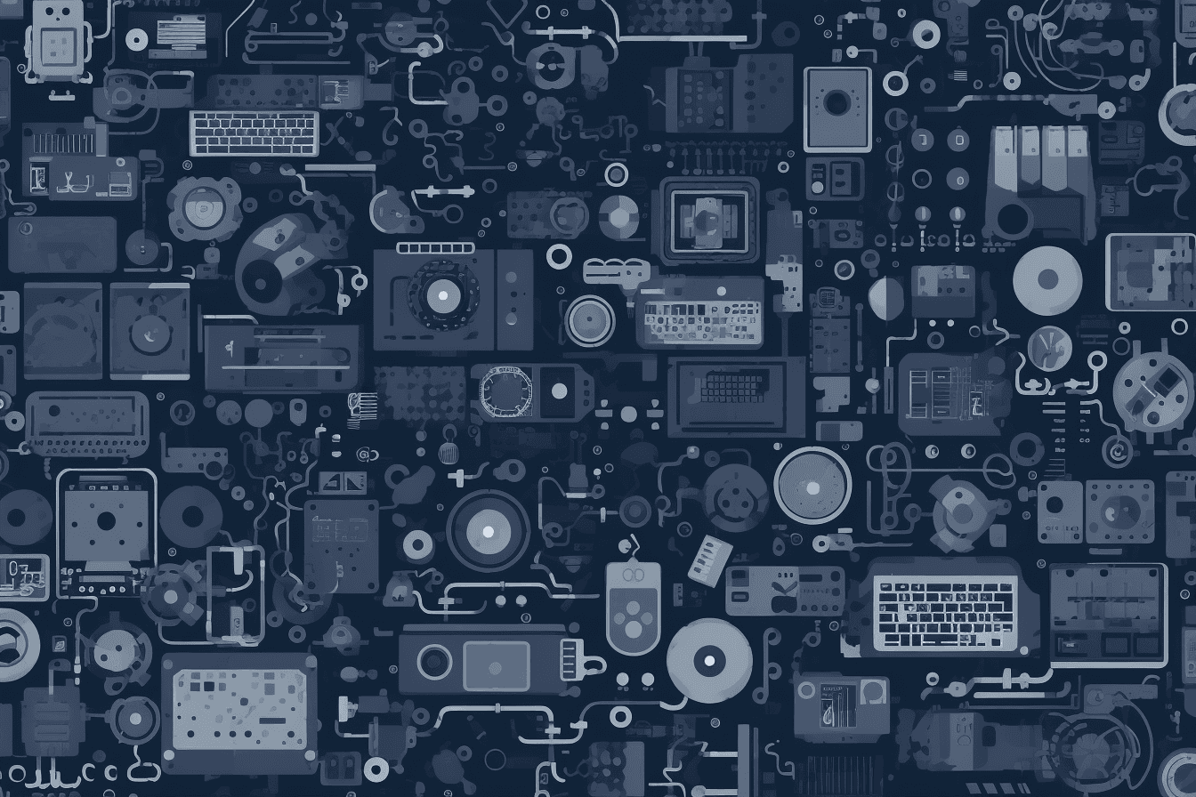 A wallpaper with a repeating pattern of abstract icons and symbols commonly used in the tech industry, such as computer chips and power buttons.