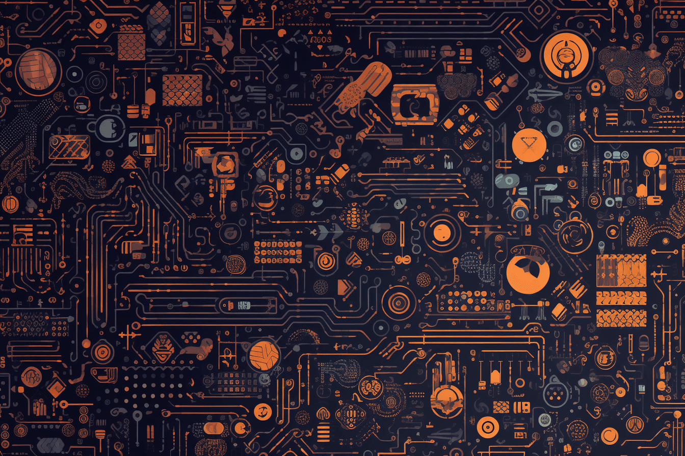 A wallpaper with a repeating pattern of abstract icons and symbols commonly used in the tech industry, such as computer chips and power buttons.