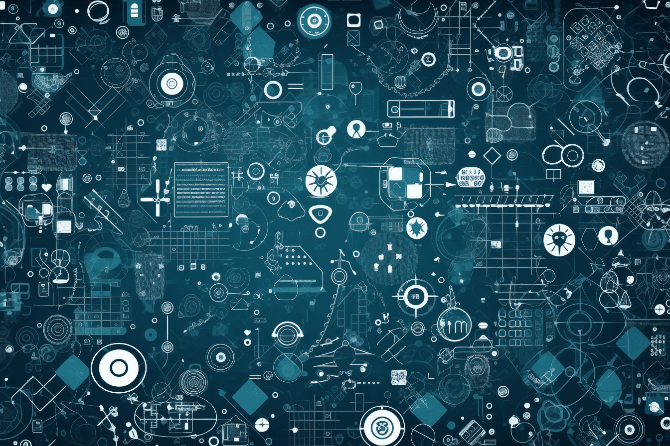 A wallpaper with a repeating pattern of abstract icons and symbols commonly used in the tech industry, such as computer chips and power buttons.