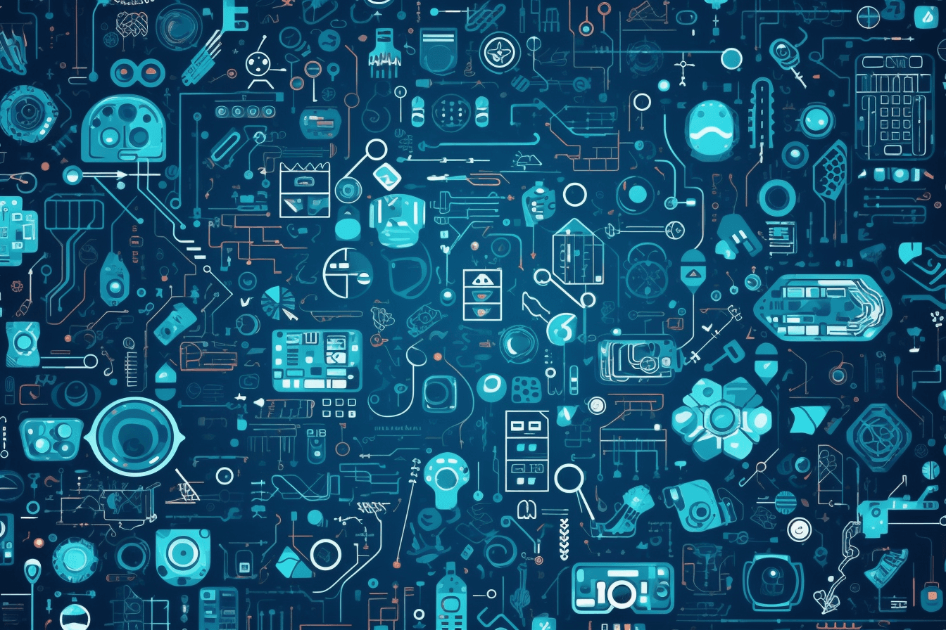 A wallpaper with a repeating pattern of abstract icons and symbols commonly used in the tech industry, such as computer chips and power buttons.