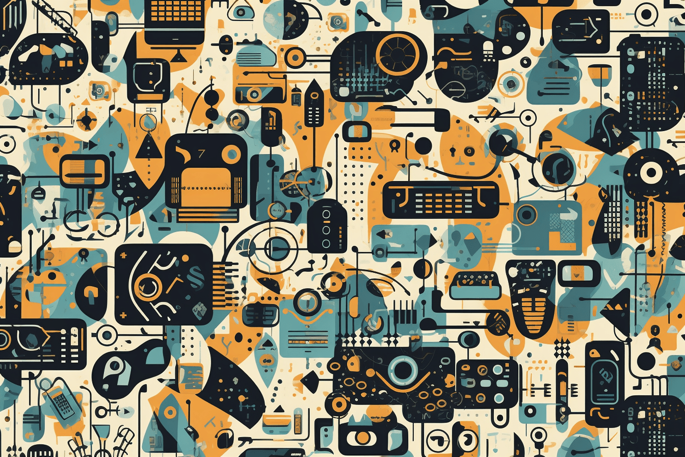 A wallpaper with a repeating pattern of abstract icons and symbols commonly used in the tech industry, such as computer chips and power buttons.