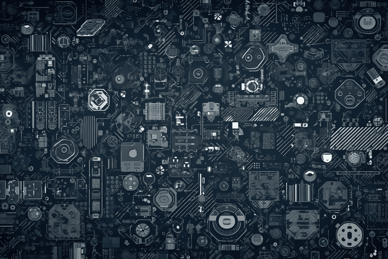 A wallpaper with a repeating pattern of abstract icons and symbols commonly used in the tech industry, such as computer chips and power buttons.