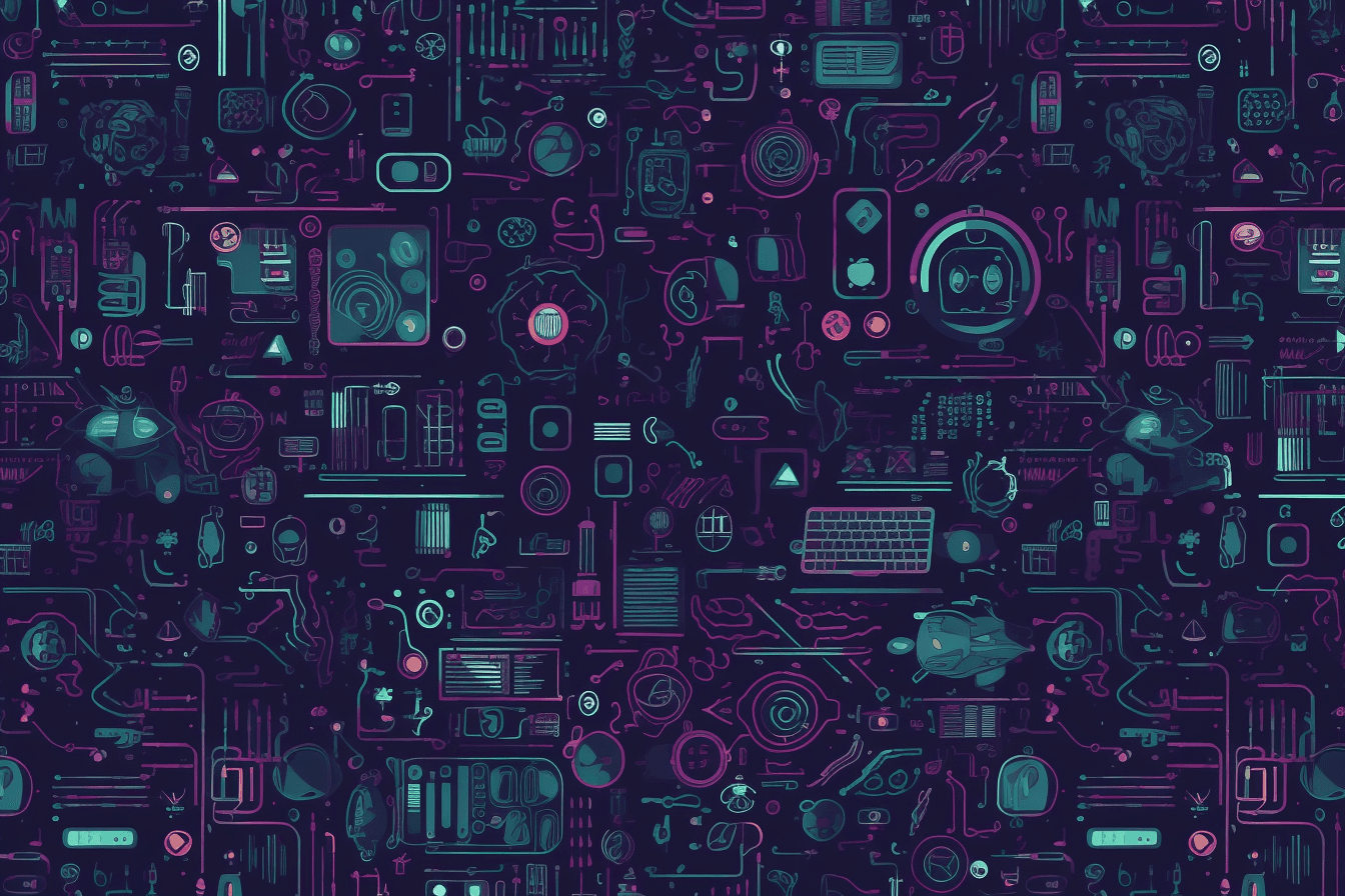 A wallpaper with a repeating pattern of abstract icons and symbols commonly used in the tech industry, such as computer chips and power buttons.