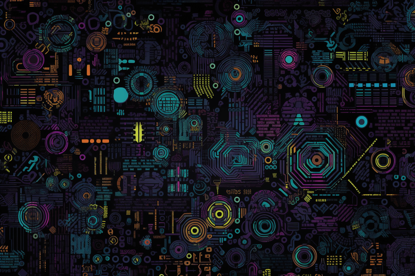 A wallpaper with a repeating pattern of abstract shapes inspired by computer viruses and malware, set against a black background.