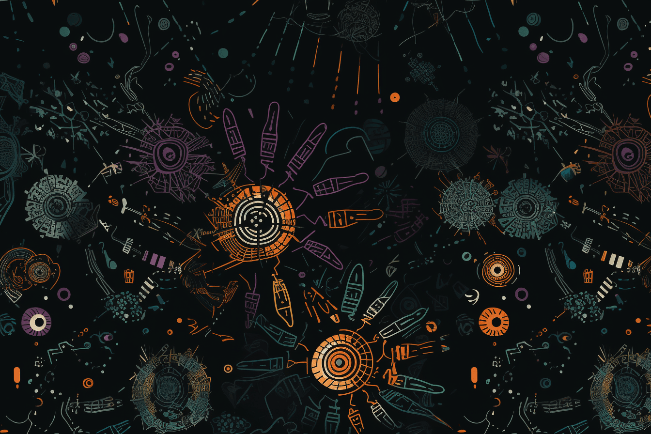 A wallpaper with a repeating pattern of abstract shapes inspired by computer viruses and malware, set against a black background.