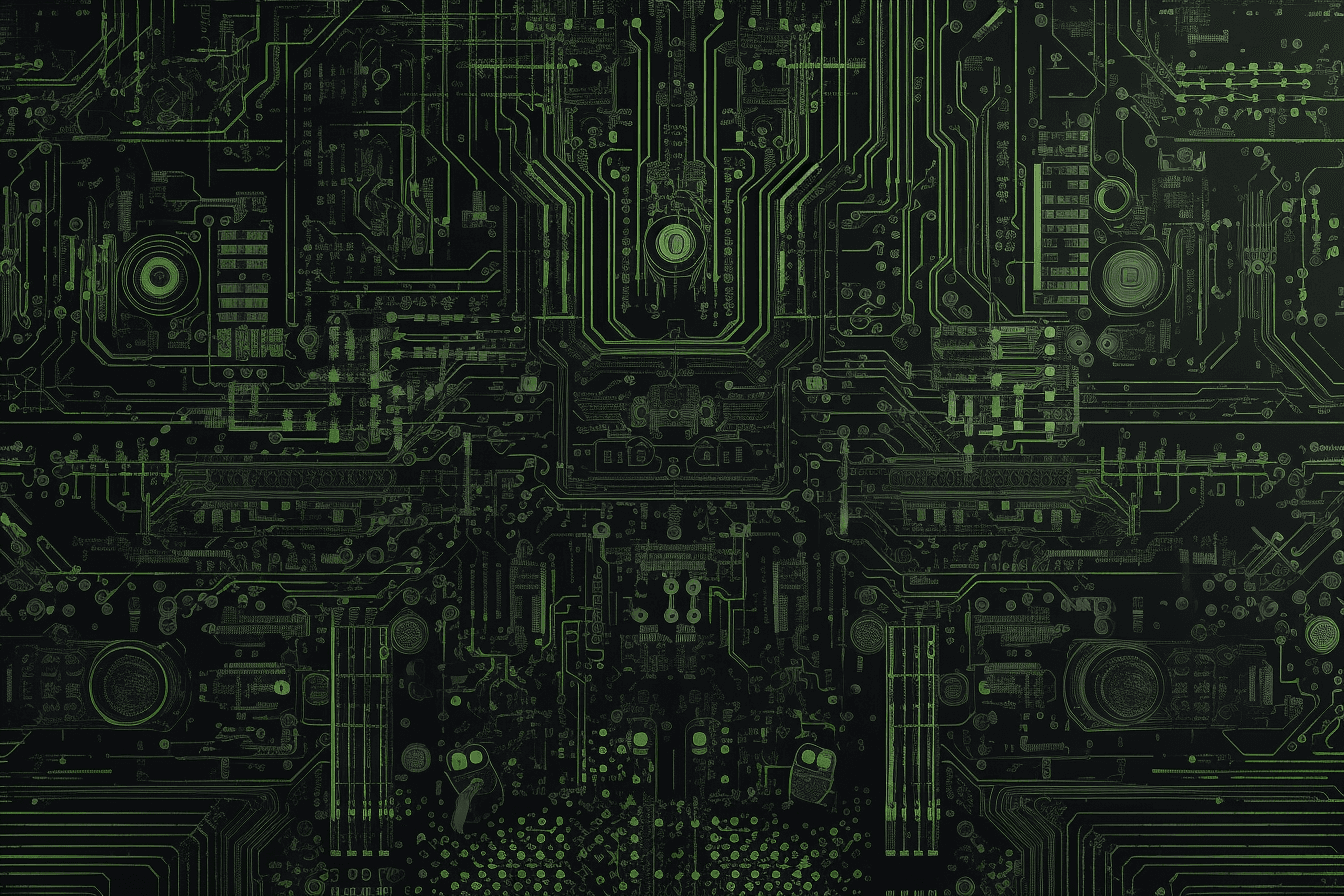 A wallpaper with a repeating pattern of circuit board components, in shades of black, grey, and neon green.