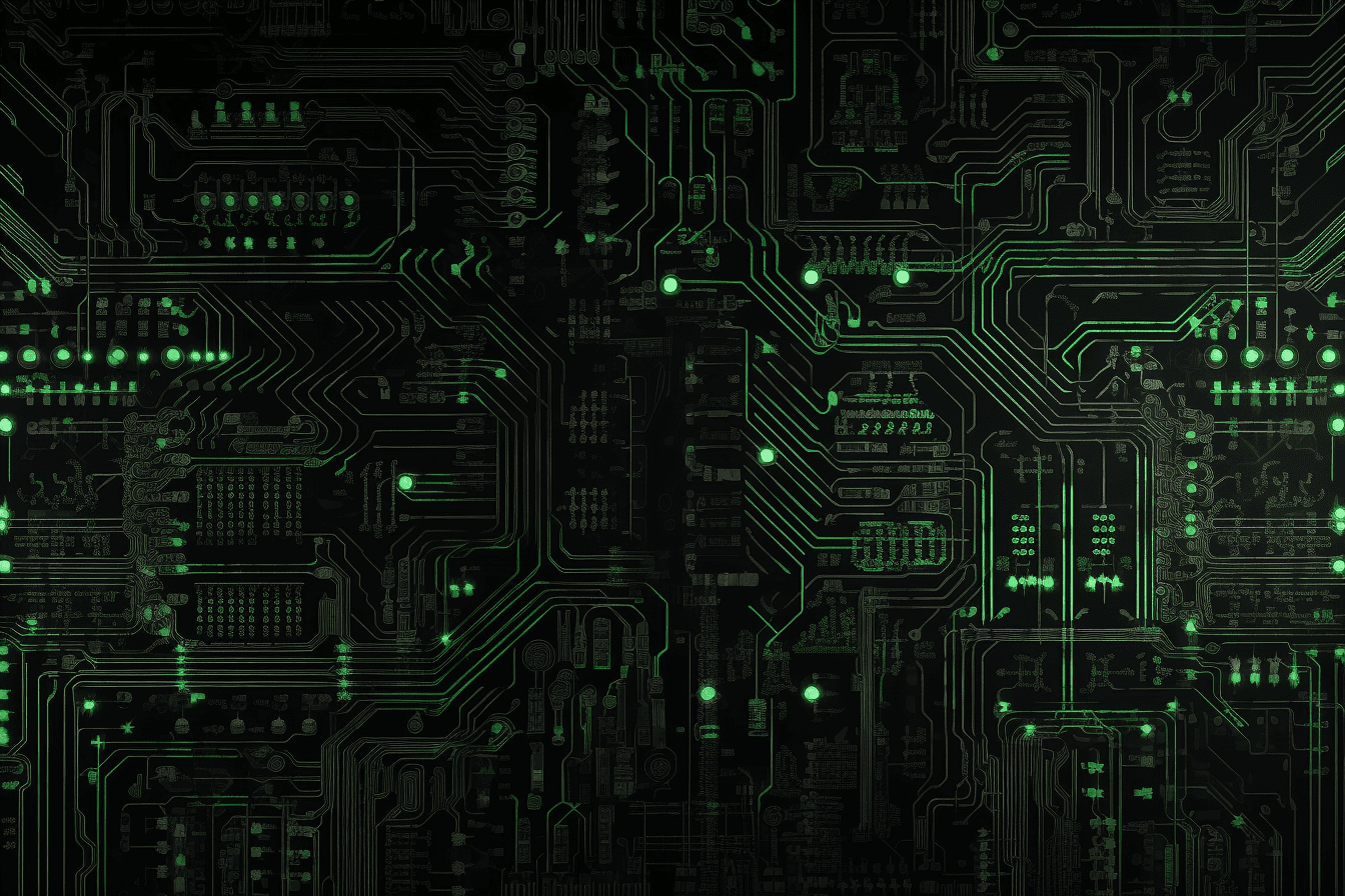 A wallpaper with a repeating pattern of circuit board components, in shades of black, grey, and neon green.