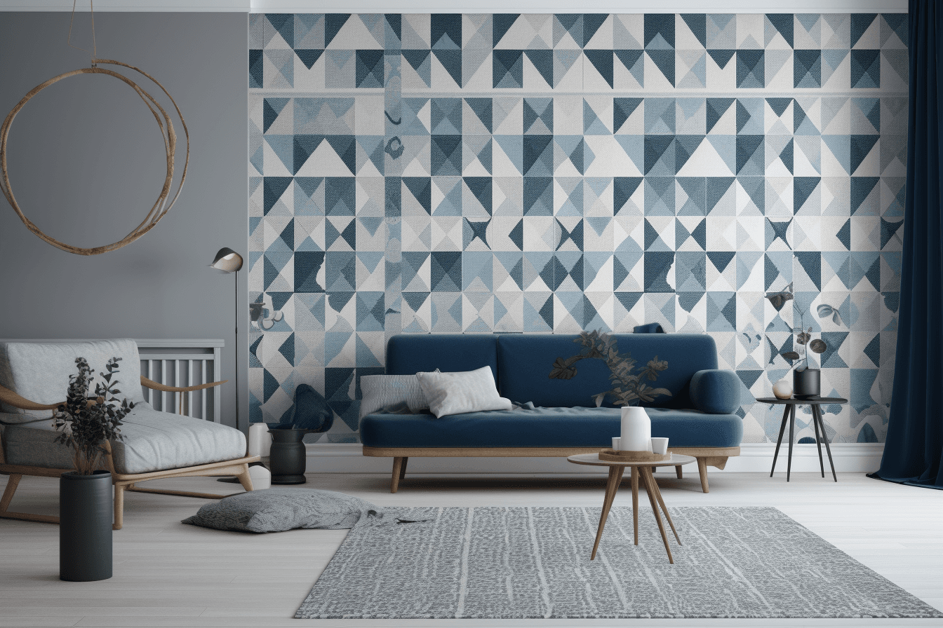 A wallpaper with a repeating pattern of simple geometric shapes, in a monochromatic color palette such as grey or blue.