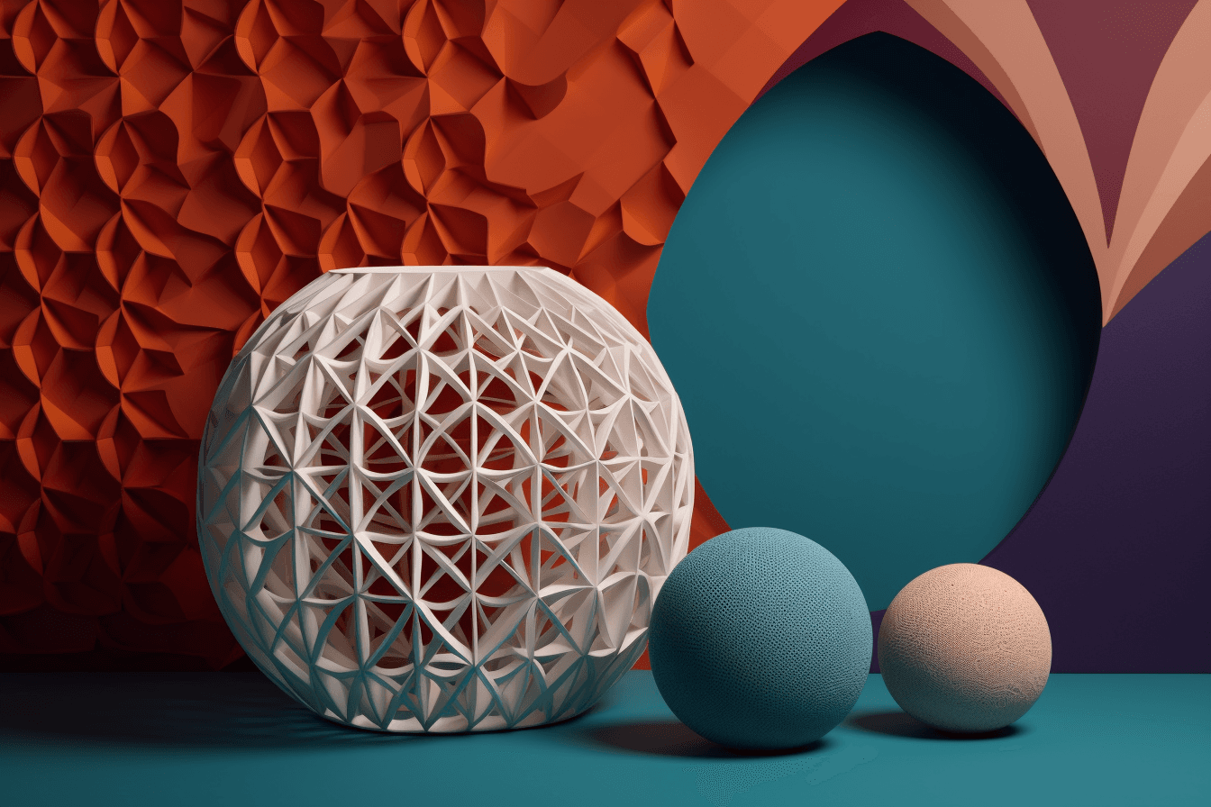 A wallpaper with a simple graphic of a 3D-printed object, against a background of geometric shapes in complementary colors.