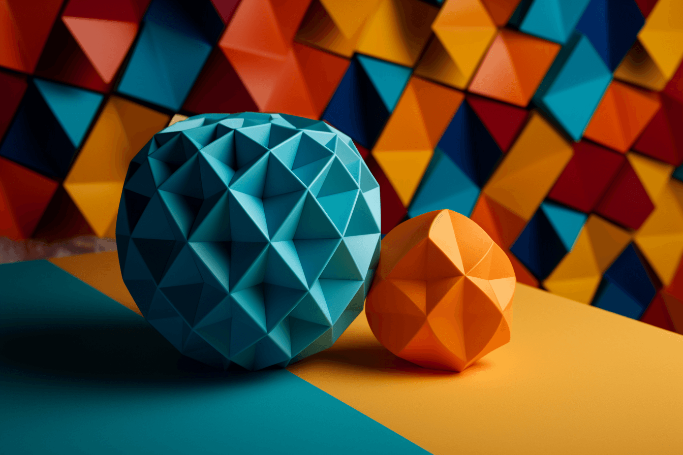 A wallpaper with a simple graphic of a 3D-printed object, against a background of geometric shapes in complementary colors.