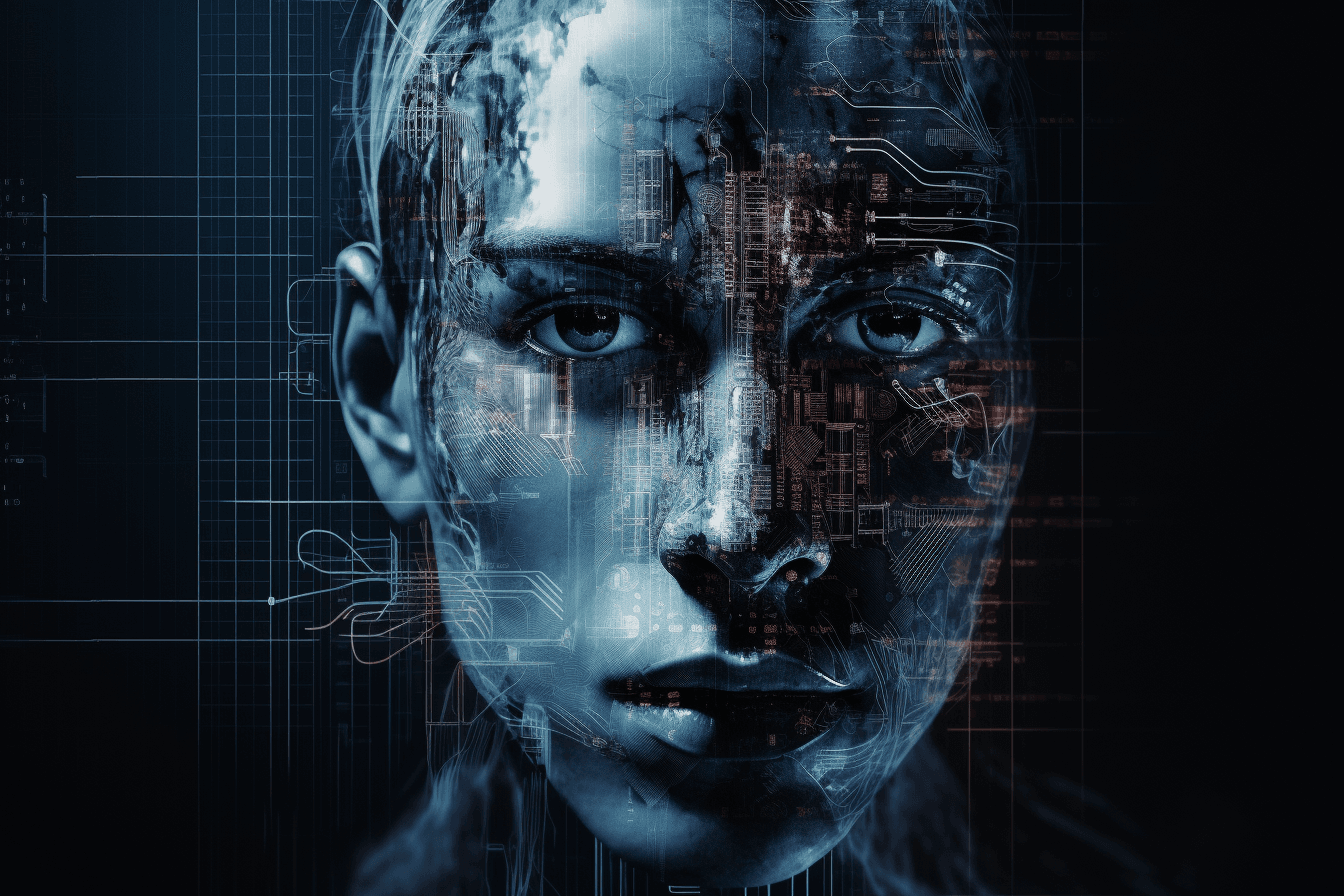 A wallpaper with a simple graphic of a cyborg's face, against a background of digital noise and static.