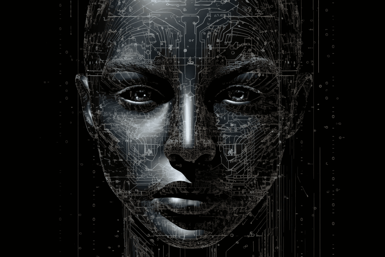 A wallpaper with a simple graphic of a cyborg's face, against a background of digital noise and static.