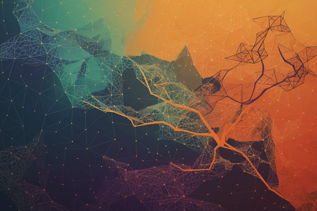 A wallpaper with a simple graphic of a neural network, against a background of complementary colors.