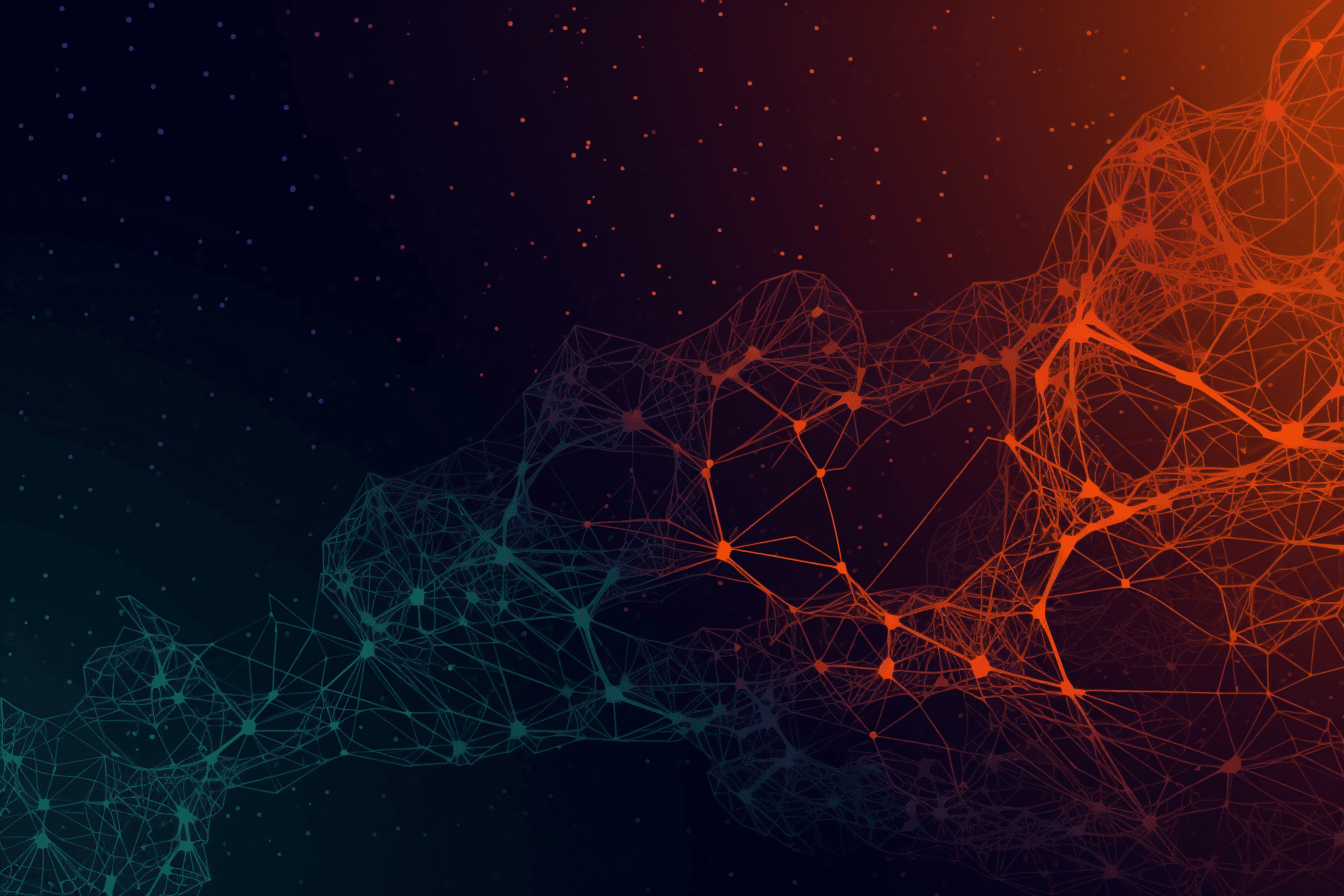 A wallpaper with a simple graphic of a neural network, against a background of complementary colors.