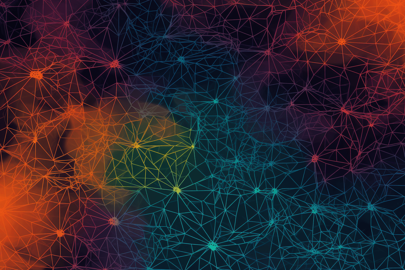 A wallpaper with a simple graphic of a neural network, against a background of complementary colors.