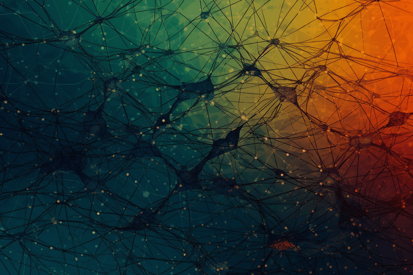 A wallpaper with a simple graphic of a neural network, against a background of complementary colors.