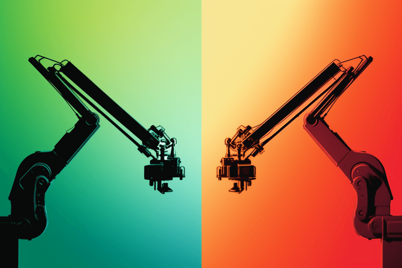 A wallpaper with a simple graphic of a robot arm, against a gradient background of two complementary colors.