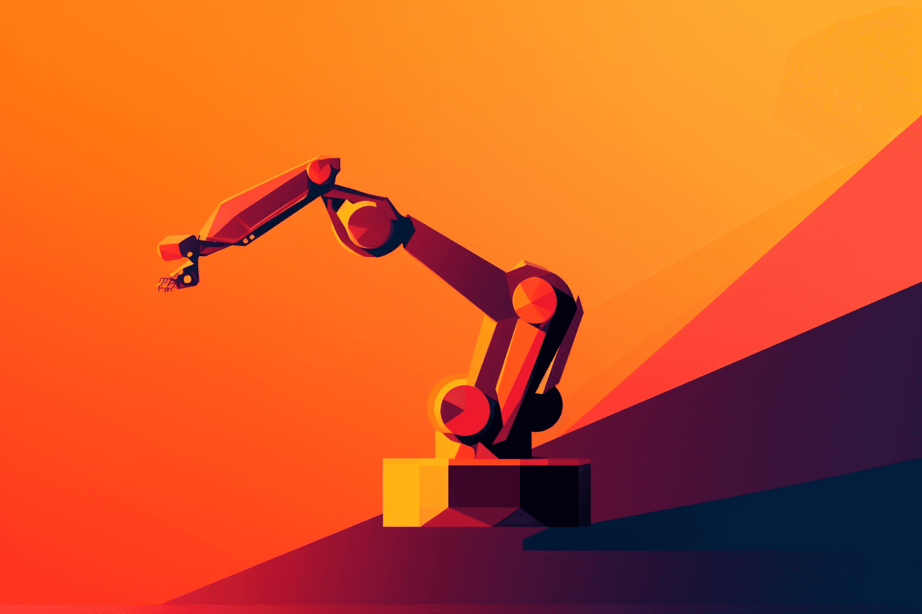 A wallpaper with a simple graphic of a robot arm, against a gradient background of two complementary colors.