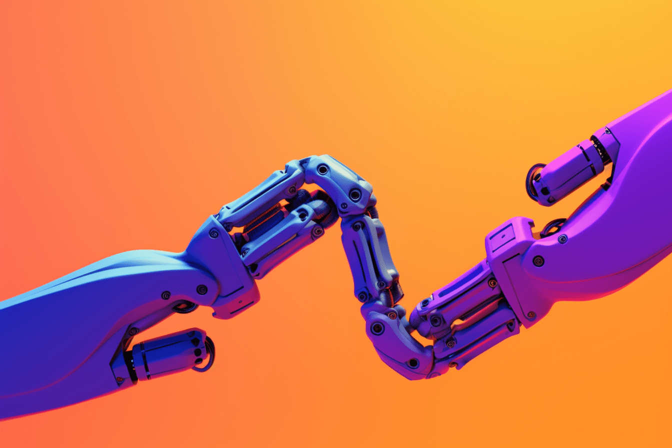 A wallpaper with a simple graphic of a robot arm, against a gradient background of two complementary colors.