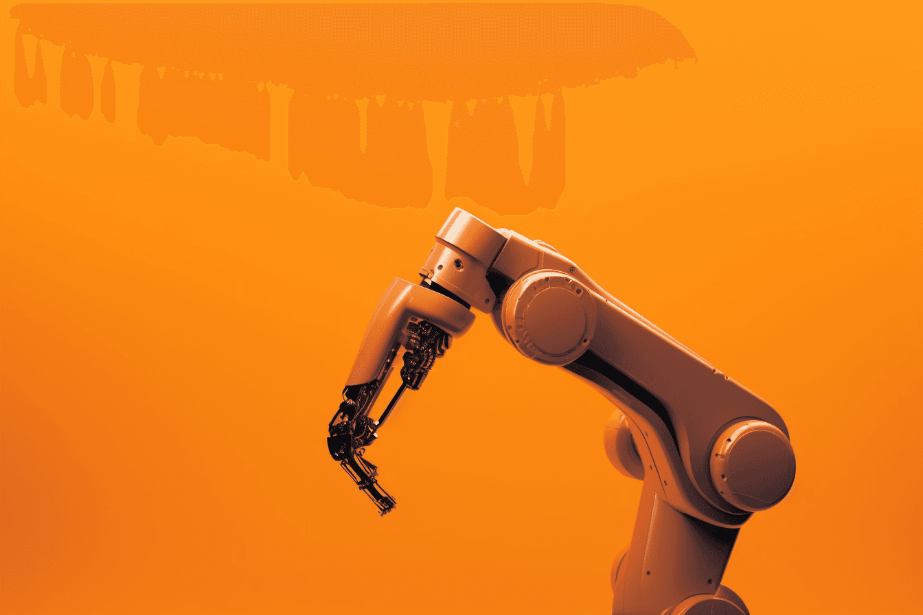 A wallpaper with a simple graphic of a robot arm, against a gradient background of two complementary colors.