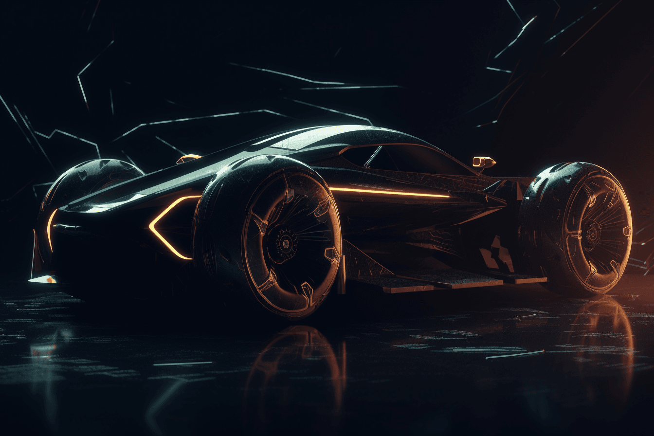 A wallpaper with a simple illustration of a futuristic vehicle, with metallic textures and a dark and moody color scheme.