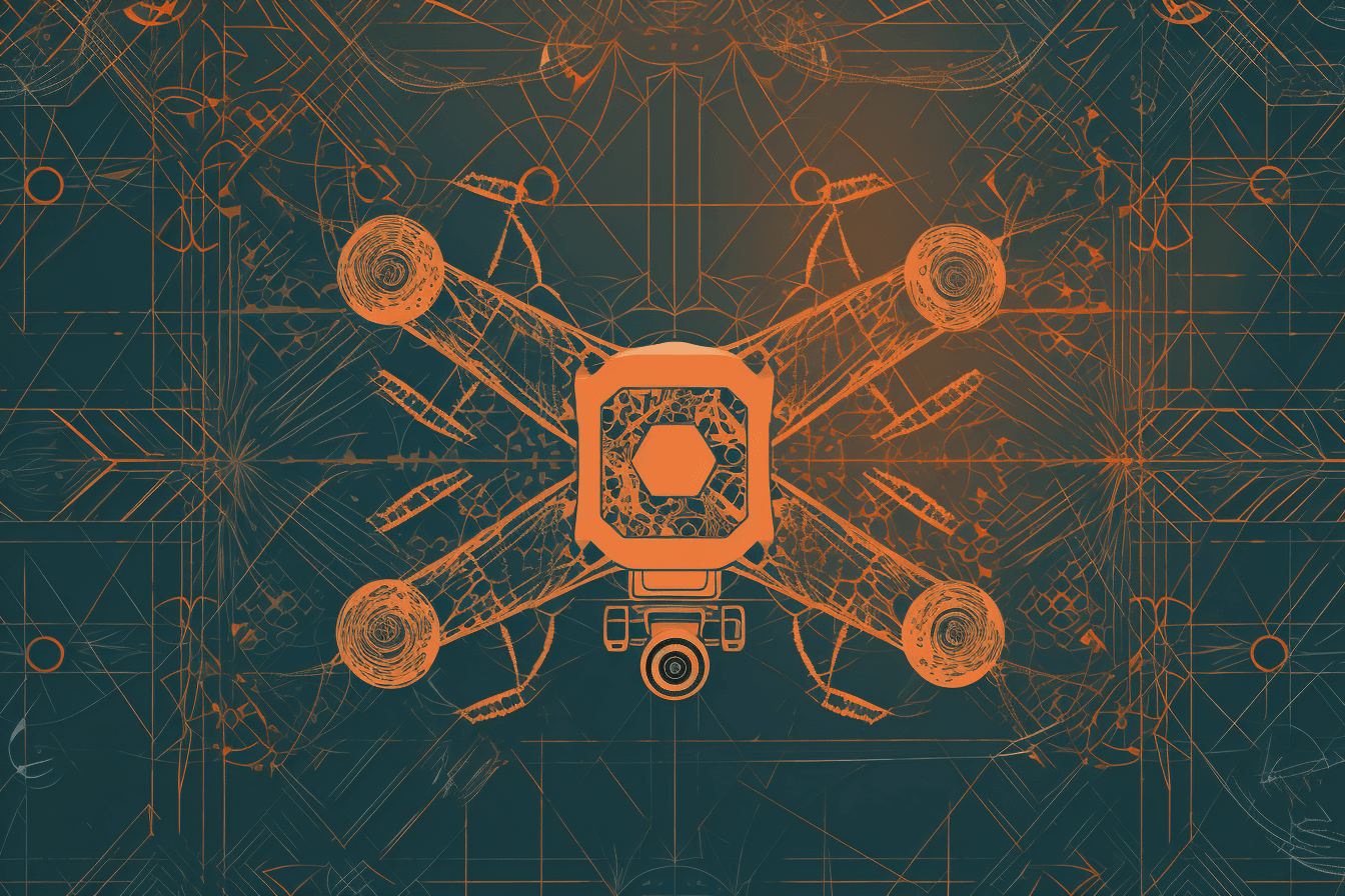 A wallpaper with a single line drawing of a drone, against a background of geometric shapes in complementary colors.