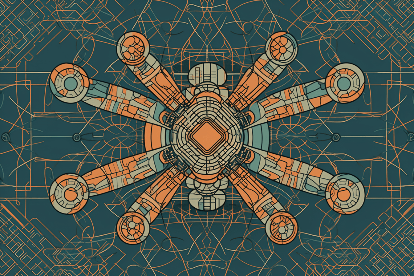 A wallpaper with a single line drawing of a drone, against a background of geometric shapes in complementary colors.