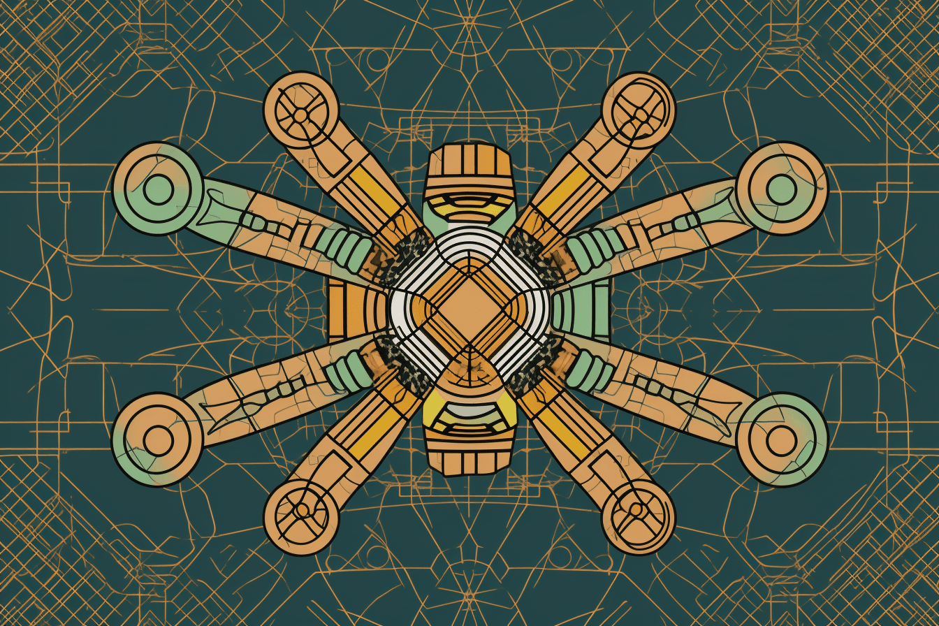 A wallpaper with a single line drawing of a drone, against a background of geometric shapes in complementary colors.