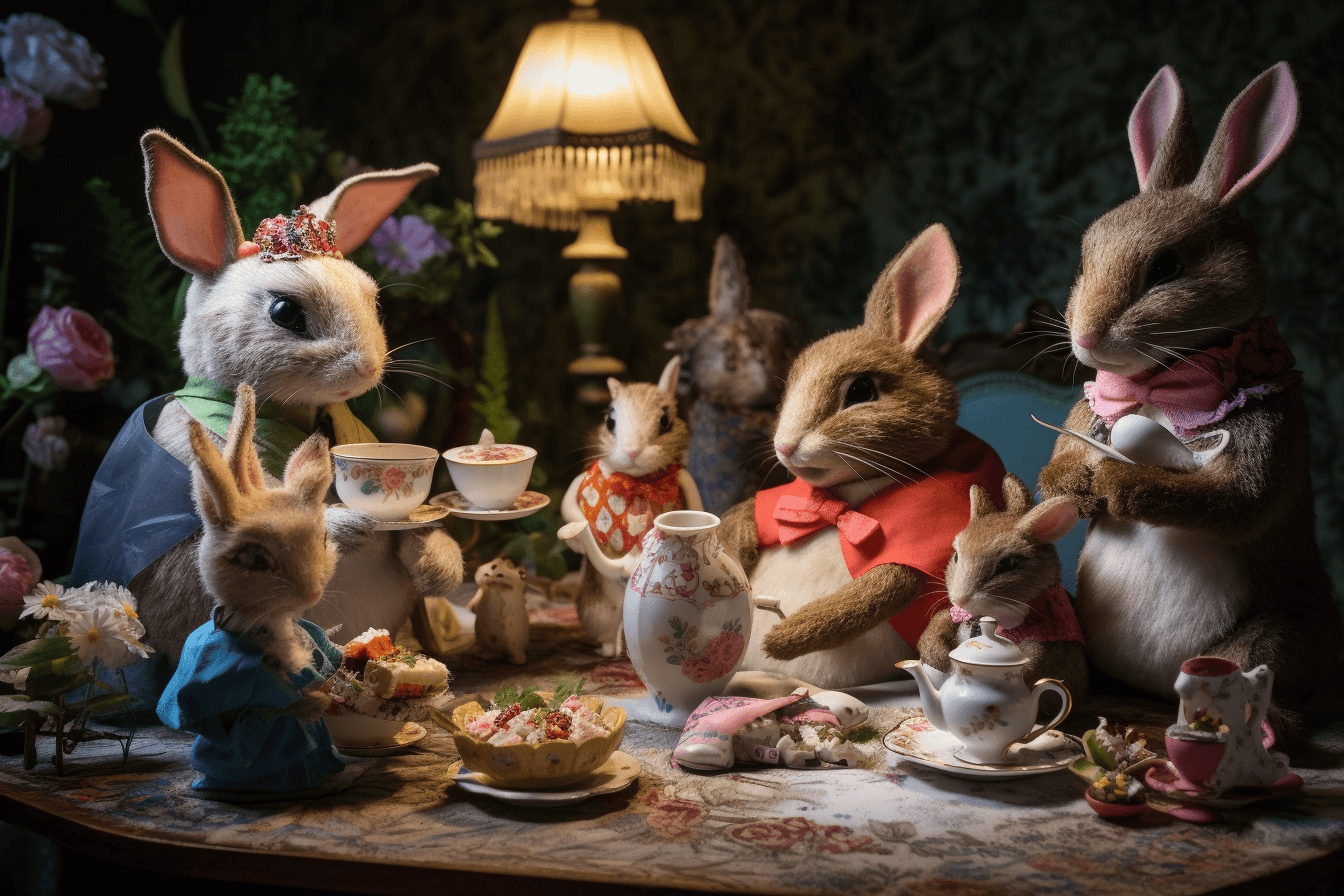 A whimsical tea party with anthropomorphic animals