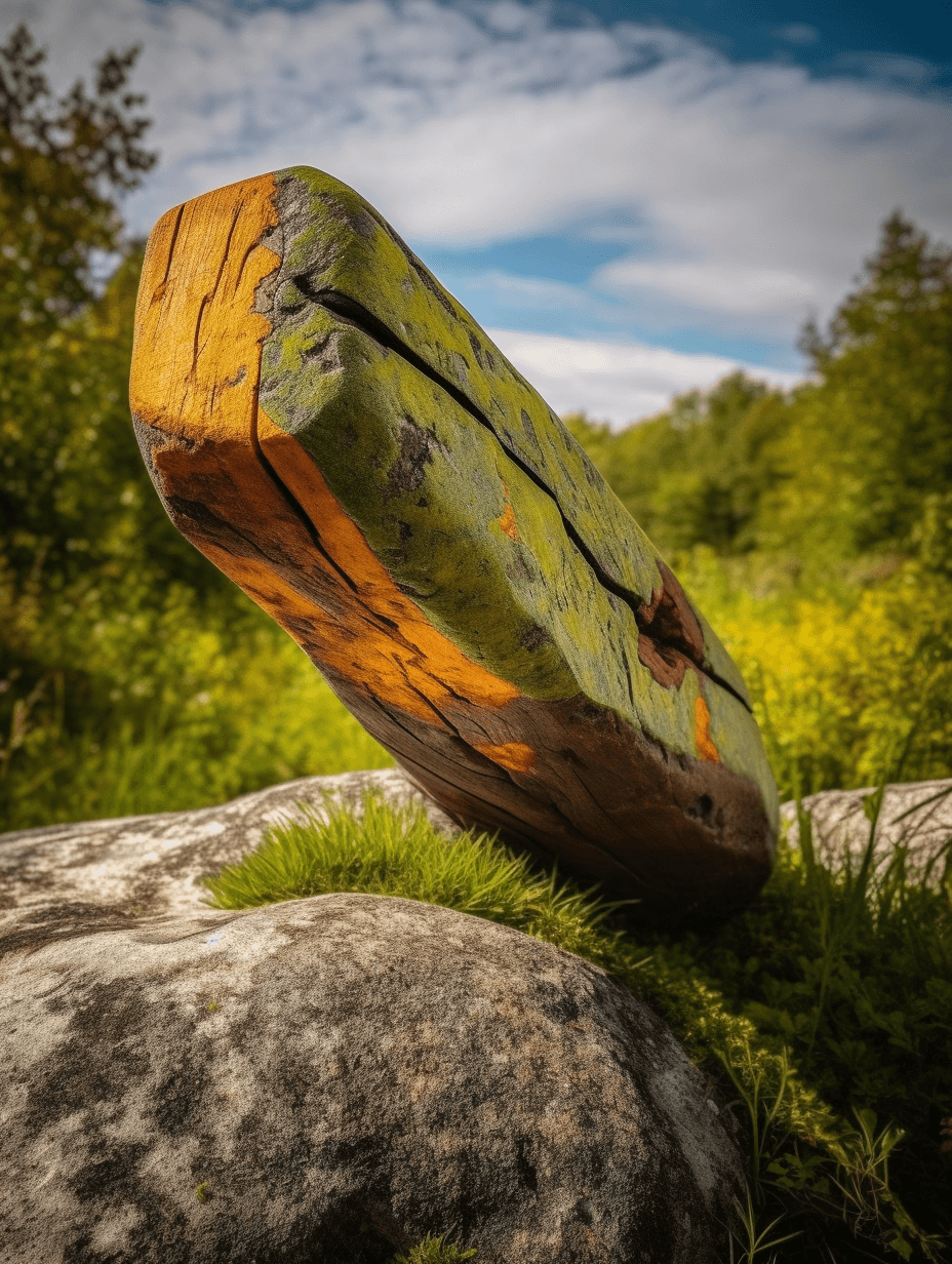 a wooden wooden beam in the shape of an arm, in the style of outdoor art, light green and amber, 20th century scandinavian style, contemporary diy, wide angle lens, recycled, stone