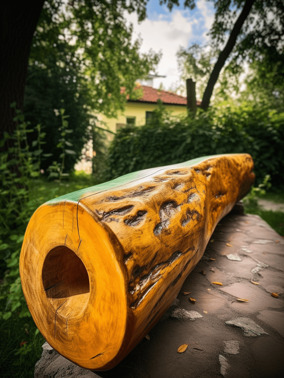 a wooden wooden beam in the shape of an arm, in the style of outdoor art, light green and amber, 20th century scandinavian style, contemporary diy, wide angle lens, recycled, stone