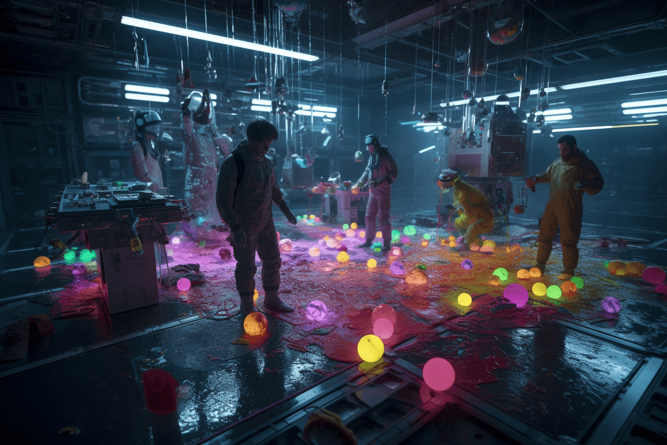 AInauts and their AI companions conducting experiments in a zero-gravity laboratory, with colorful chemicals and particles floating all around them.