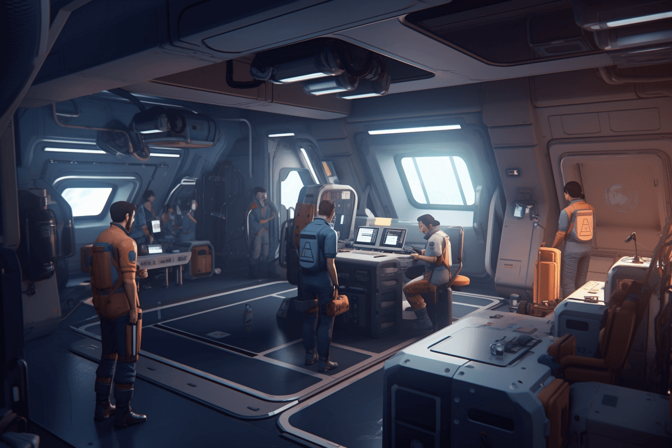 AInauts and their AI companions working together in a massive, zero-gravity space station.