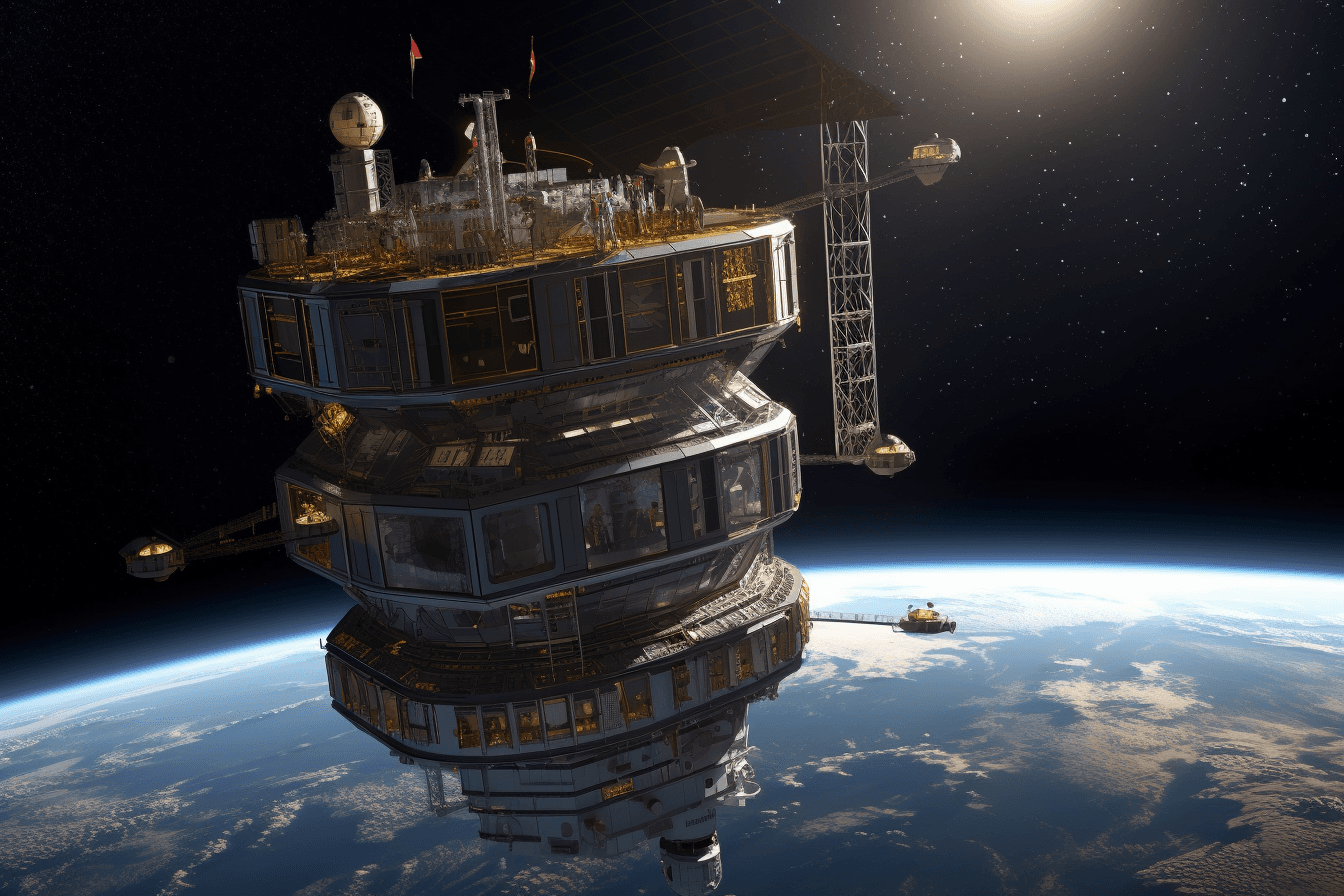 AInauts and their AI companions working together to construct a massive, orbiting space elevator.