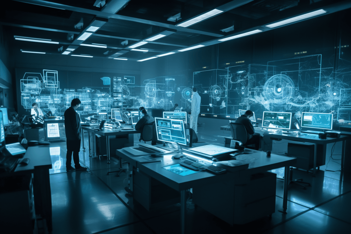 AInauts working in a massive laboratory filled with glowing equipment and holographic displays, conducting cutting-edge research.