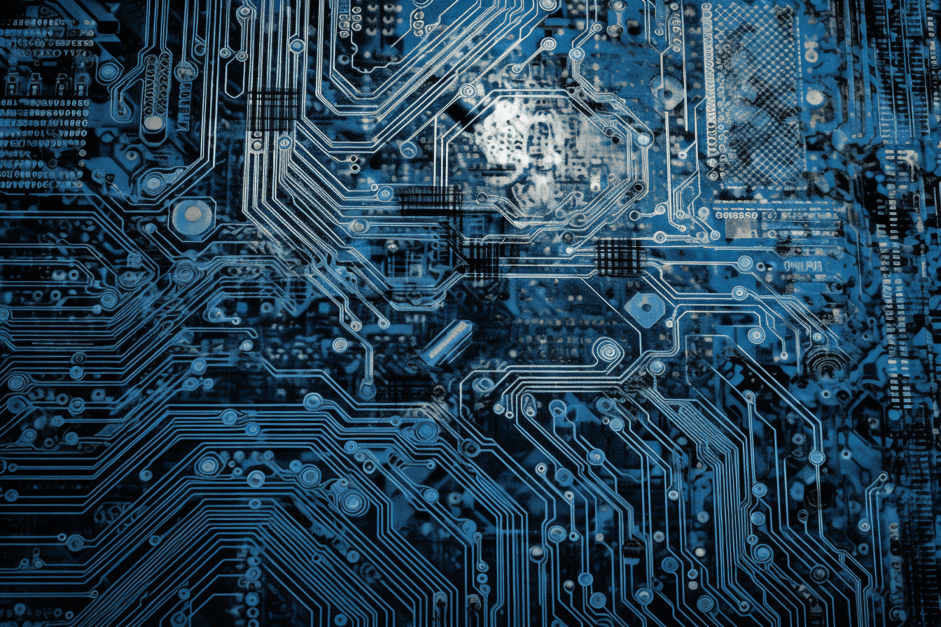 An abstract circuit board pattern in shades of blue and silver