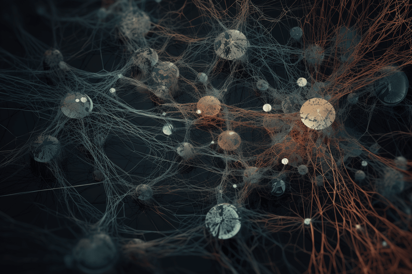 An abstract illustration of a neural network, with intricate lines and a dark and technological color palette.