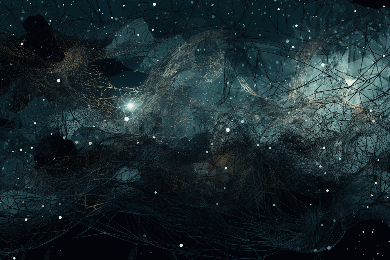 An abstract illustration of a neural network, with intricate lines and a dark and technological color palette.