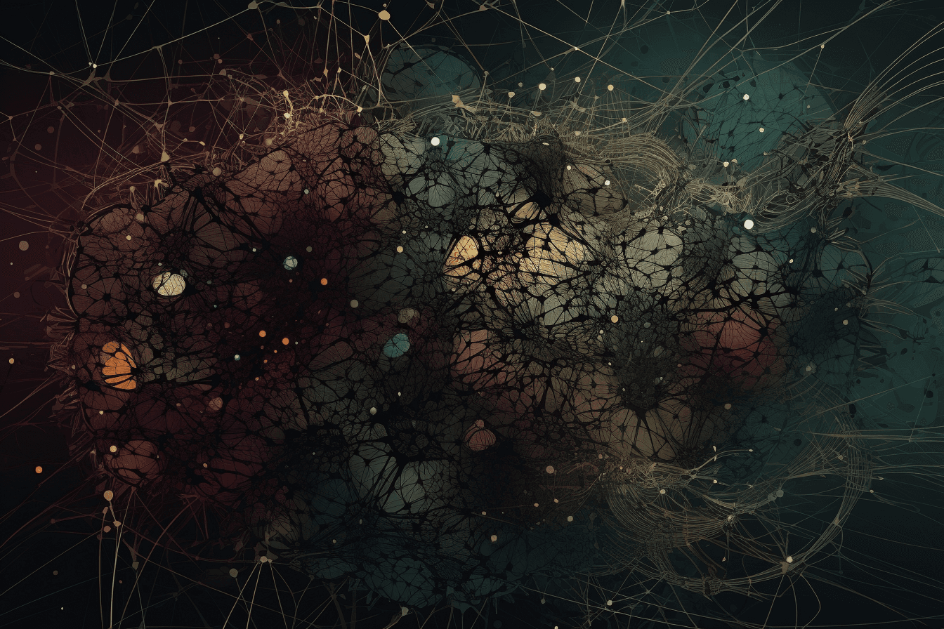 An abstract illustration of a neural network, with intricate lines and a dark and technological color palette.