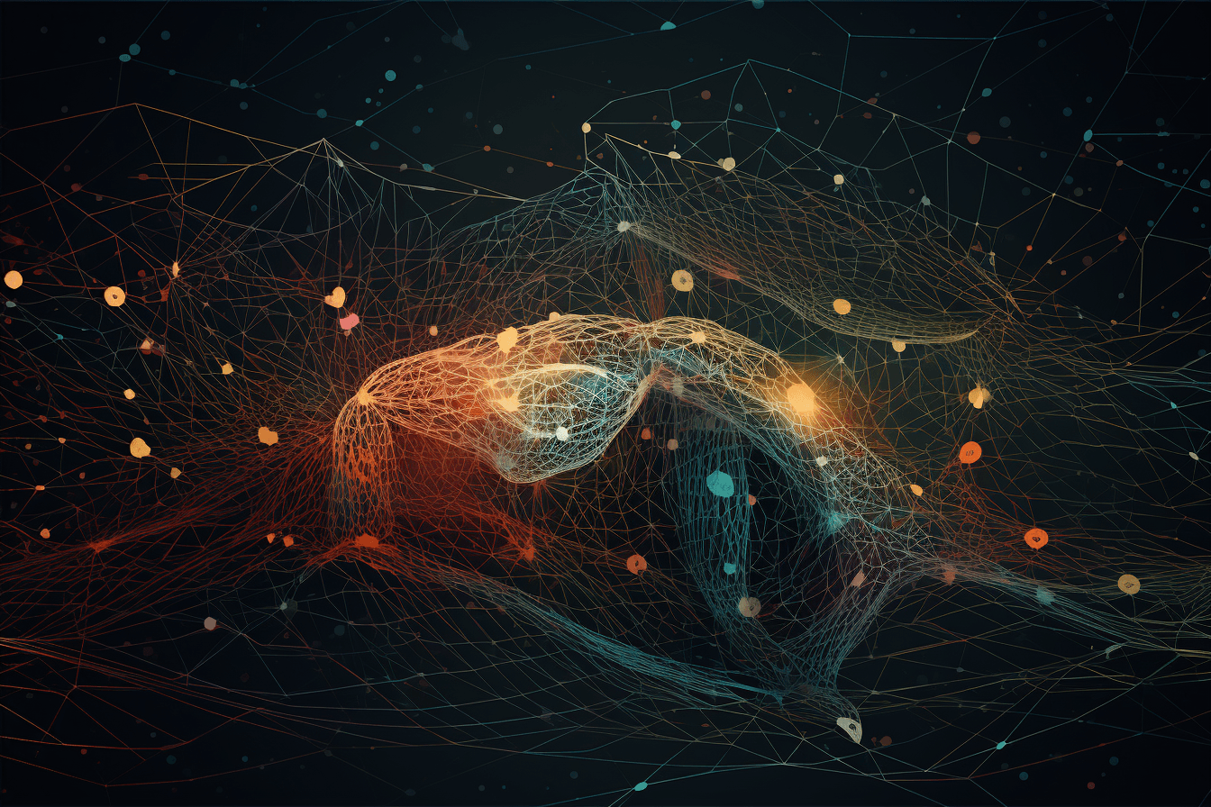 An abstract illustration of a neural network, with intricate lines and a dark and technological color palette.