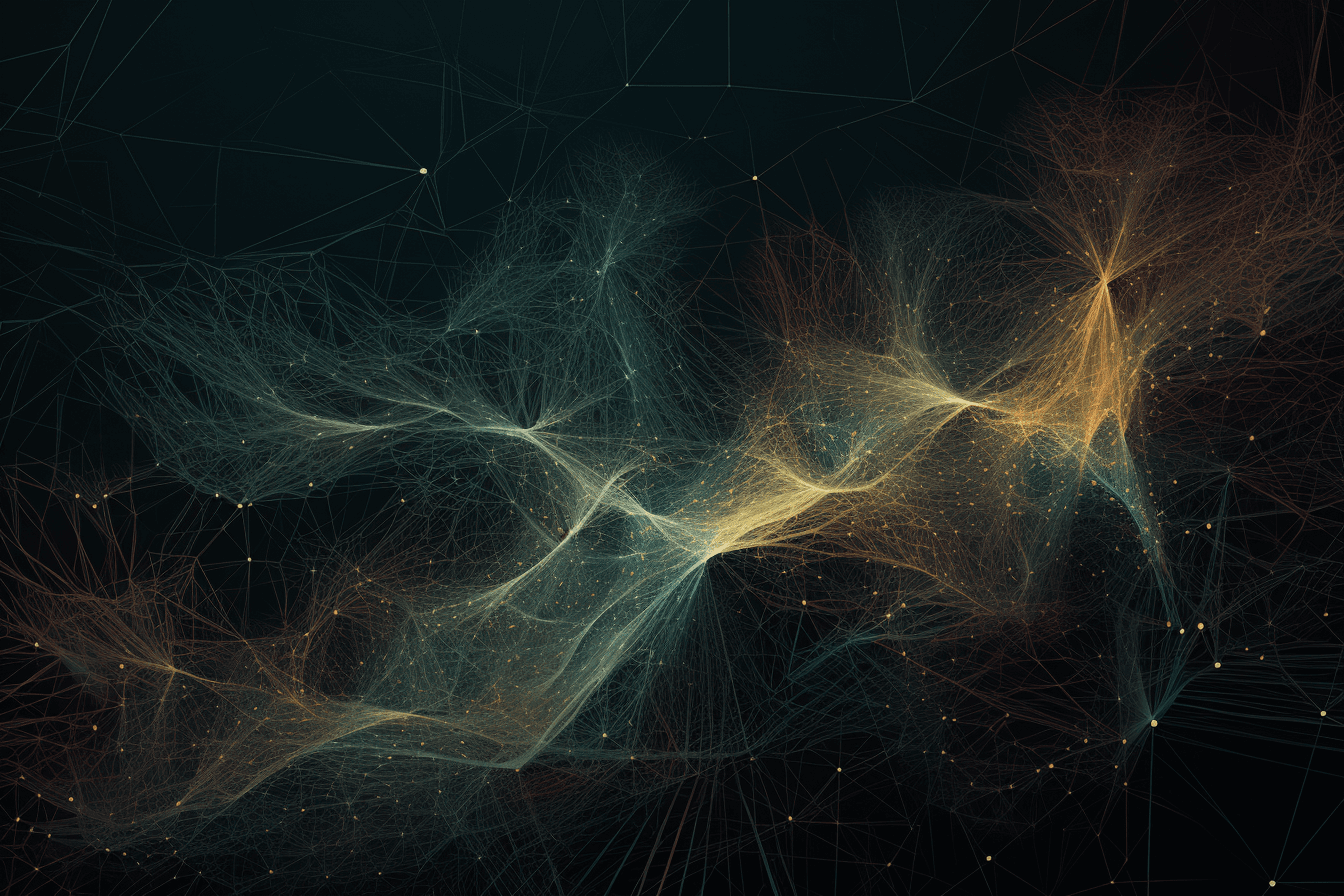 An abstract illustration of a neural network, with intricate lines and a dark and technological color palette.