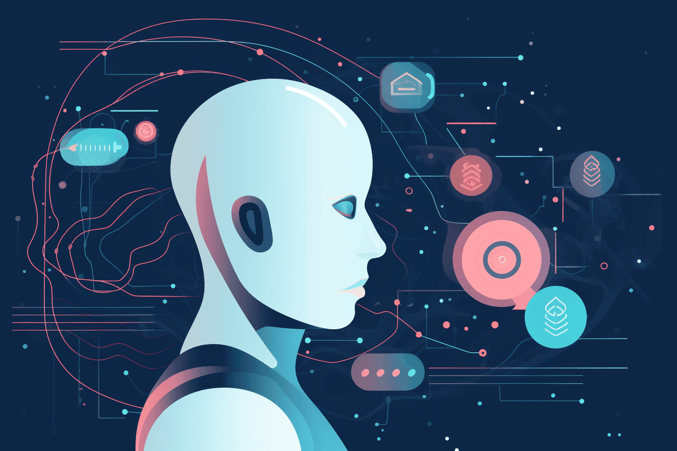 An abstract illustration of an AI-powered chatbot, with sleek and modern graphics and a minimalist color scheme.