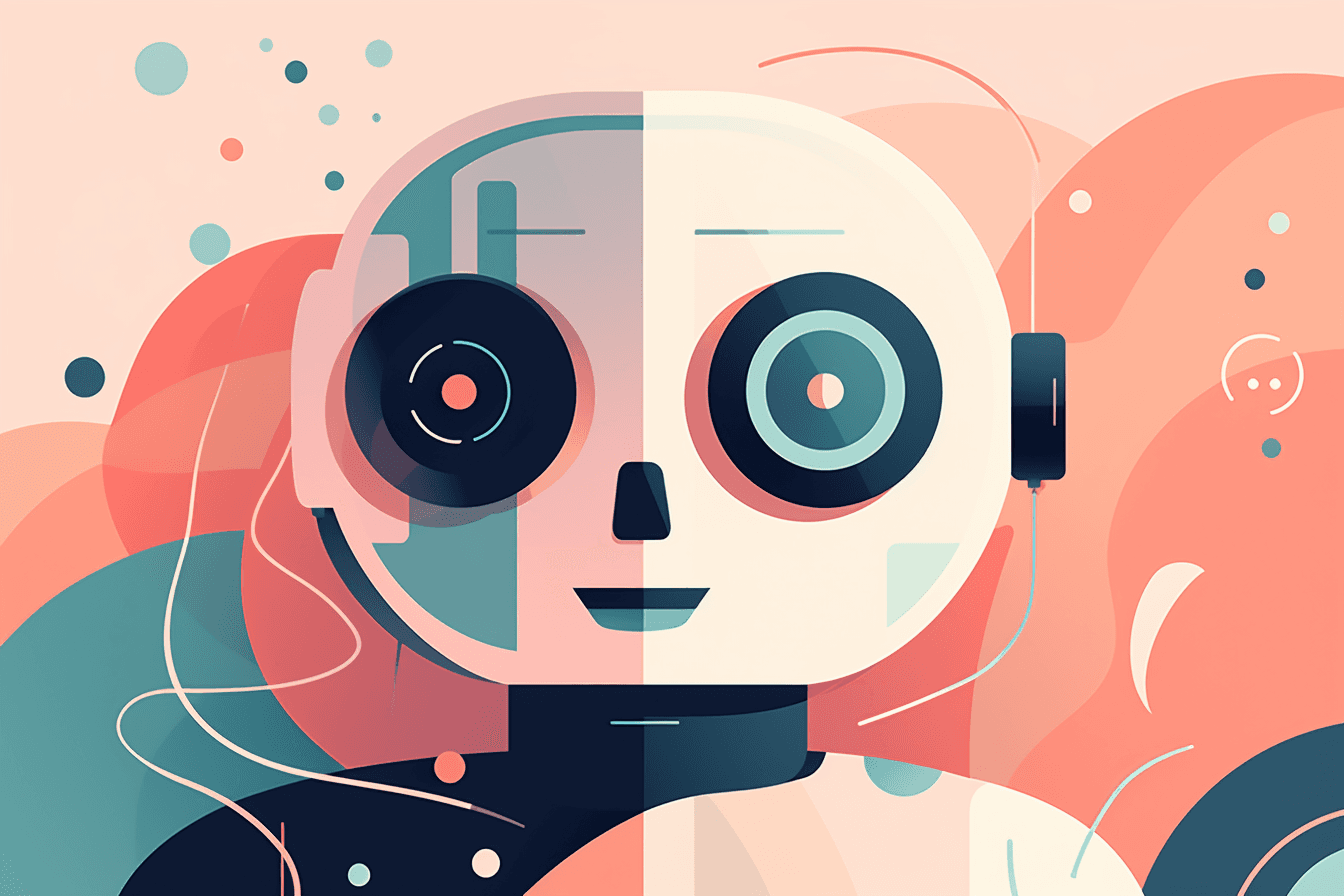 An abstract illustration of an AI-powered chatbot, with sleek and modern graphics and a minimalist color scheme.