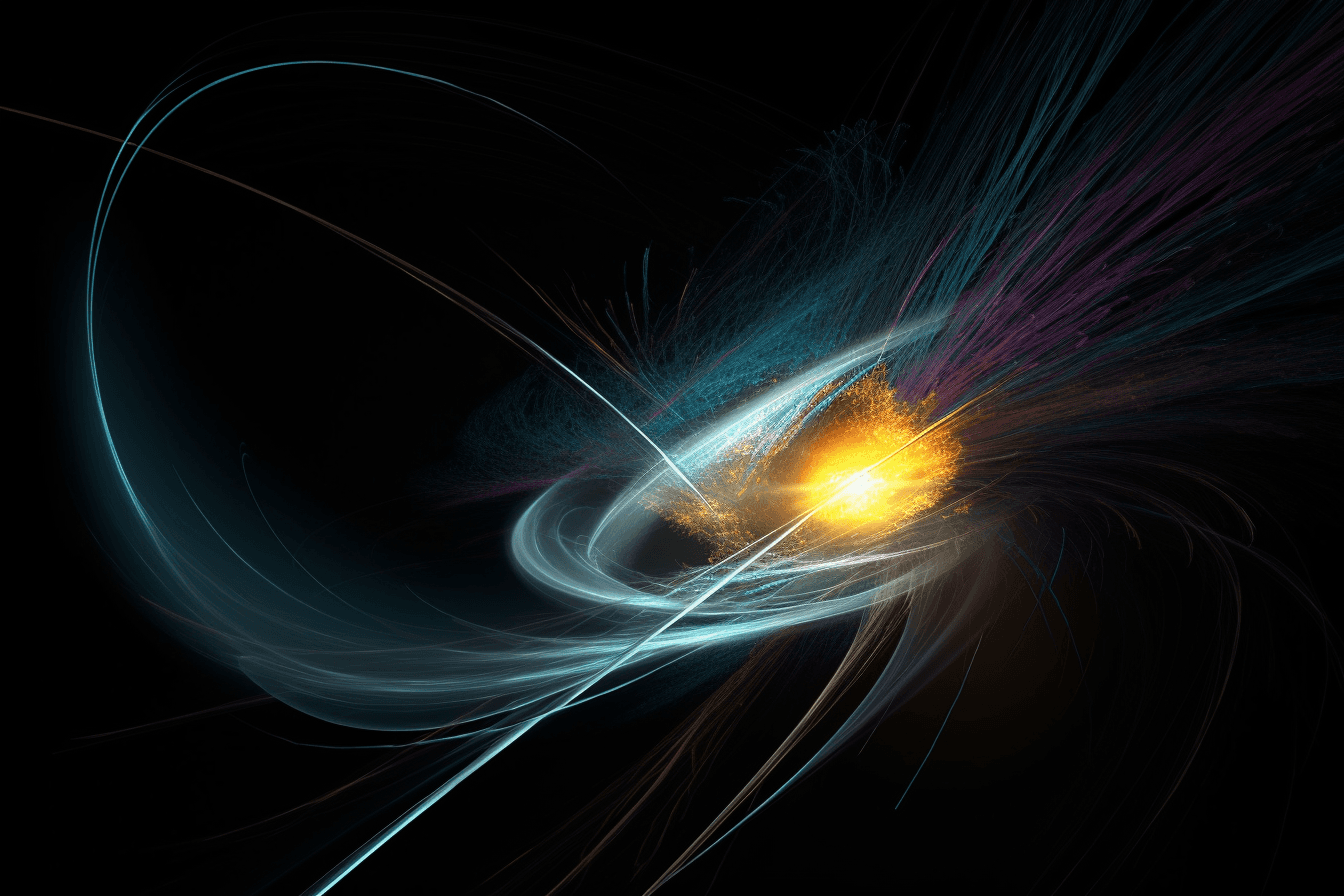 An abstract image of a comet passing through the solar system, with bright colors and swirling patterns that represent its trajectory.