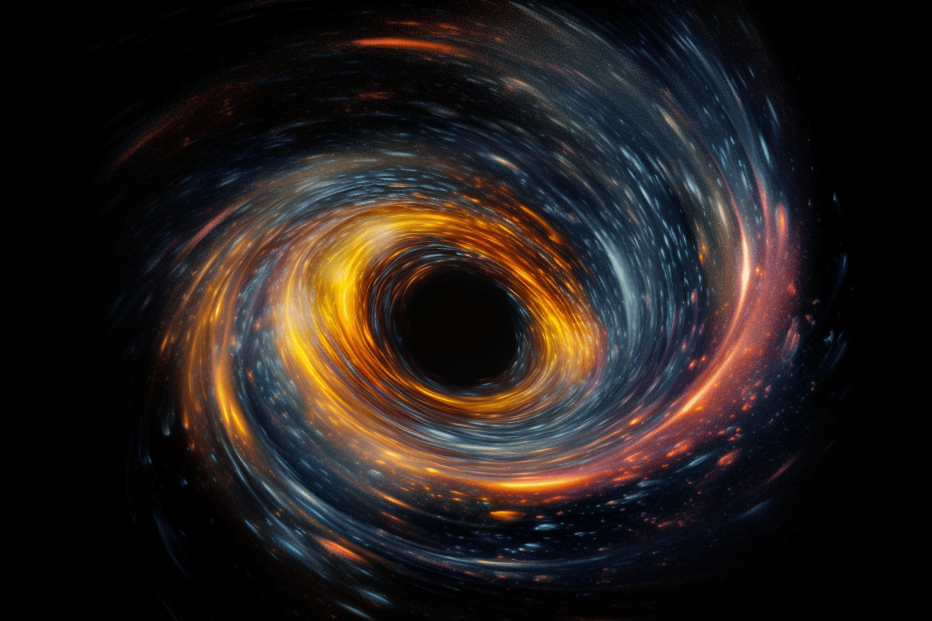 An abstract image of a deep space object, such as a black hole or pulsar, with swirling colors and patterns.