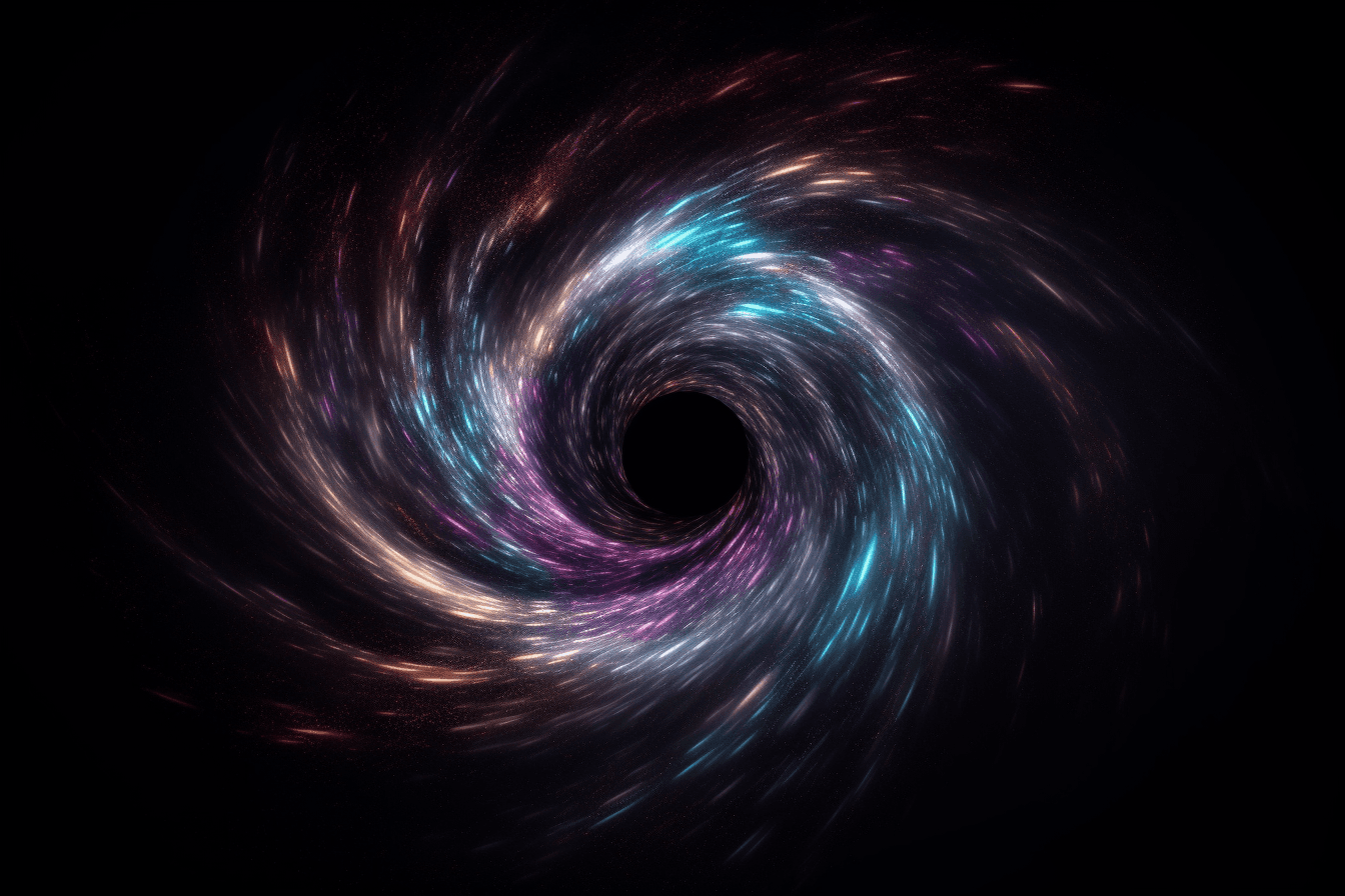 An abstract image of a deep space object, such as a black hole or pulsar, with swirling colors and patterns.