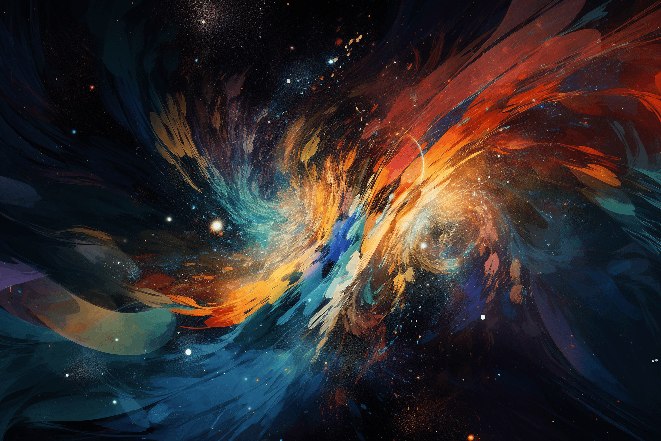 An abstract image of a galaxy cluster, with swirling colors and patterns representing the vastness of space.