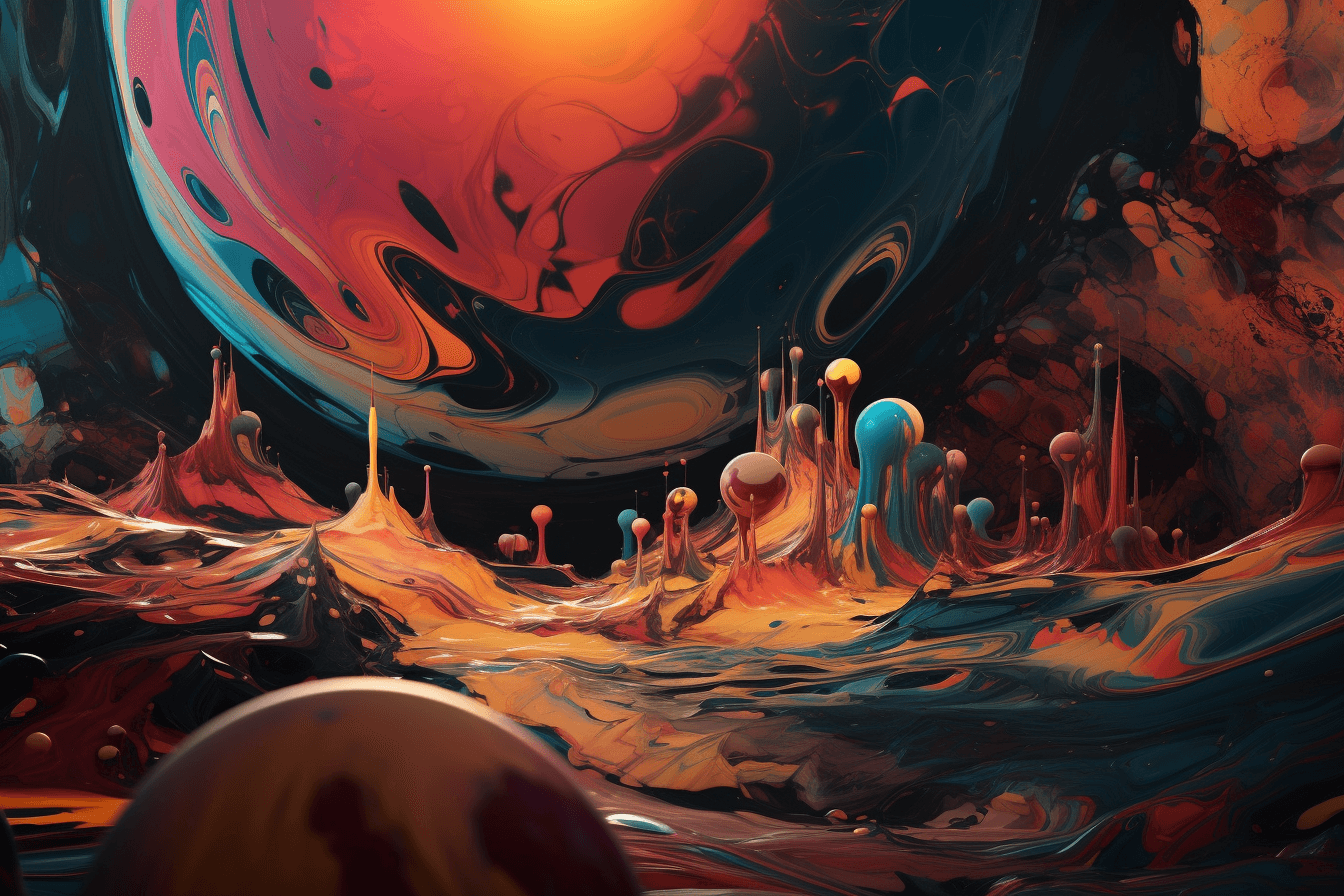 An abstract image of a planet's surface, with distorted shapes and vivid colors that create a surreal and otherworldly feel.